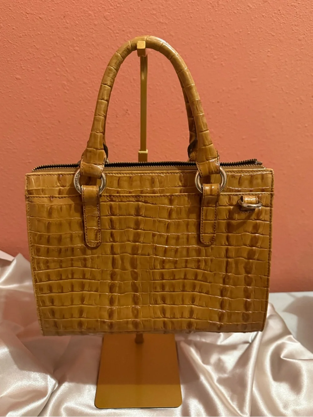 Brahmin Croc-Embossed Satchel in Cognac